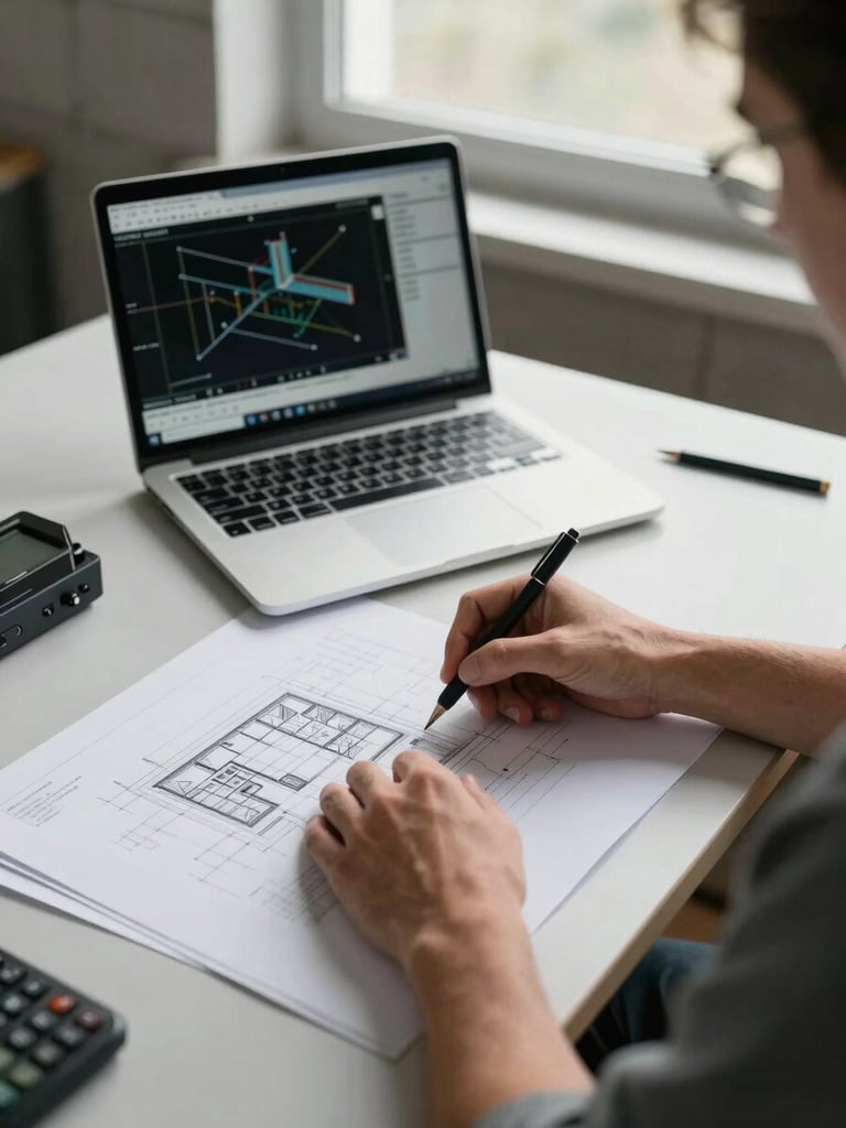 Close overhead shot of an engineer's hands tracing a structural drawing on a site office table, a laptop screen showing BIM model geometry in the background, natural overcast window light, concrete block wall visible at the edge
