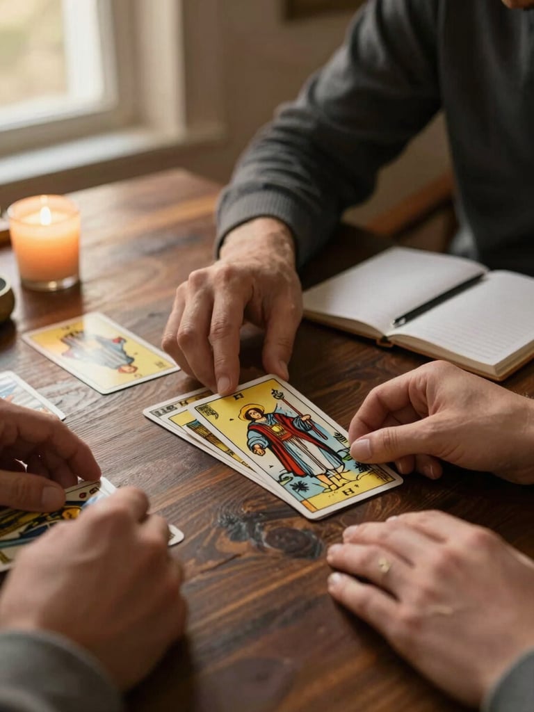 Hands arranging tarot cards methodically on a dark wooden desk, a small candle and notebook beside them, warm golden-hour window light from the left