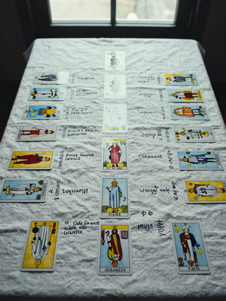 Overhead study of a tarot spread laid methodically on a linen cloth, cards face-up with handwritten annotation notes beside them, cool diffused daylight from a studio window, no hands in frame