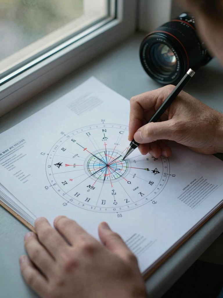 Close-up overhead view of hands annotating a natal astrology chart on paper, pencil markings visible, cool north-facing daylight from a studio window, a worn ephemeris open beside the chart