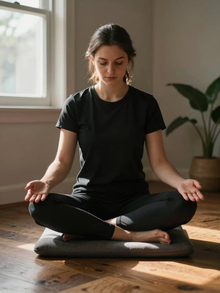 Close environmental shot, a person seated cross-legged on a meditation cushion near a sunlit window in a simple domestic room, hands resting open on knees, head slightly bowed, morning light casting a warm glow across the left side of their face, a wooden floor and a single plant visible in the background