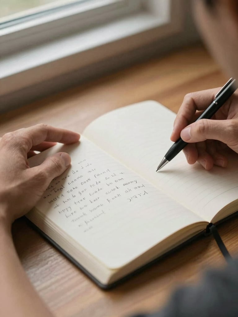 Close-up editorial frame, creator's hands resting on an open notebook with handwritten notes, a simple pen held loosely, warm soft window light from above-left, wooden desk surface visible at edges, intimate and focused — no staged props, no phone or laptop, just paper and thought