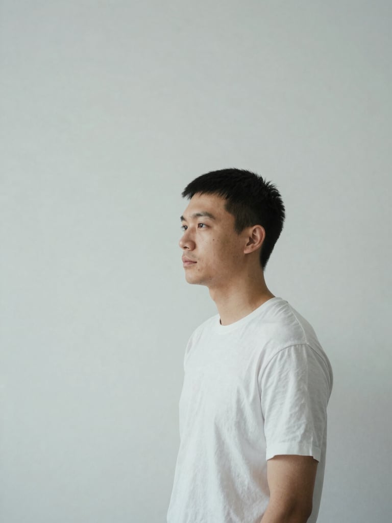 A minimalist editorial portrait of a technical editor in a clean studio, soft natural side lighting, desaturated cool tones, sharp focus, 35mm lens
