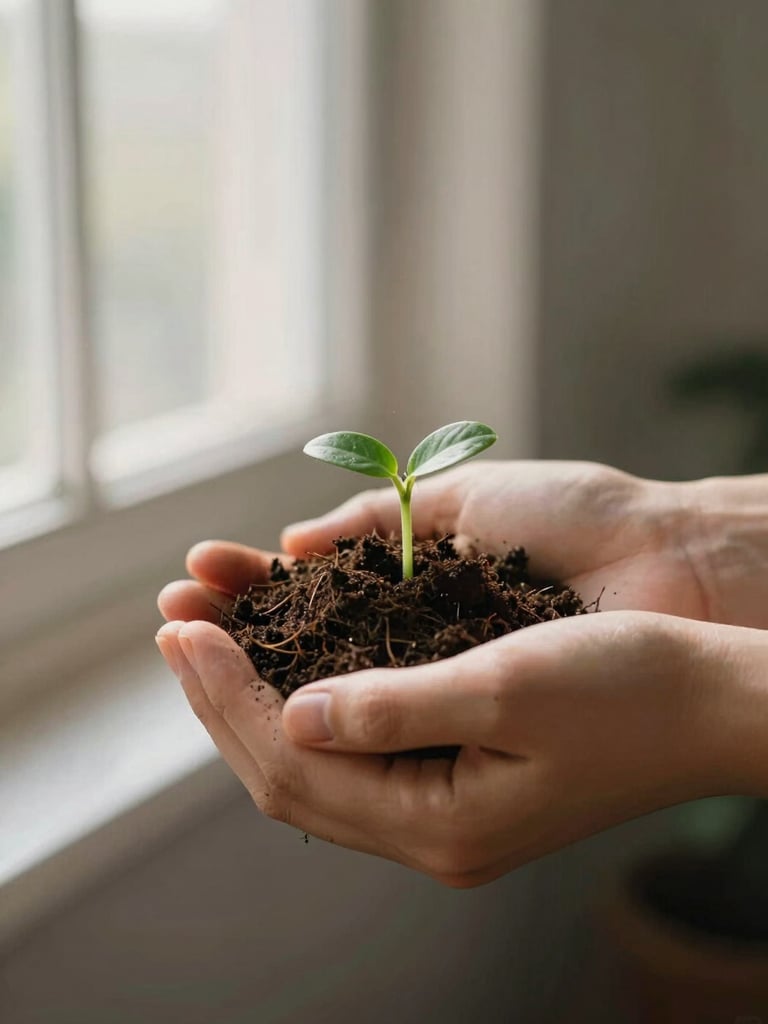Hands gently holding dark, rich soil with a tiny green sprout, soft morning light, shallow depth of field, warm botanical tones