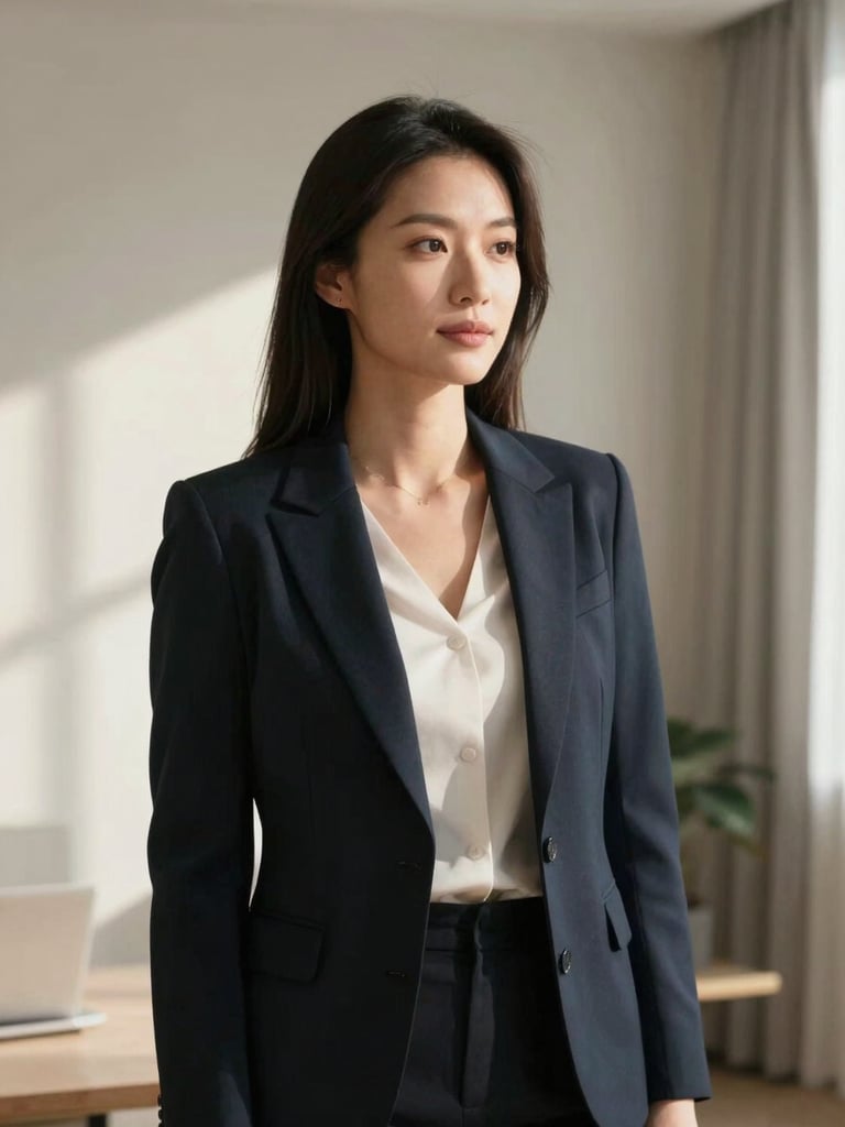 Medium environmental portrait of a professional woman in a sunlit, minimalist neutral-toned room, soft morning daylight, breathing room