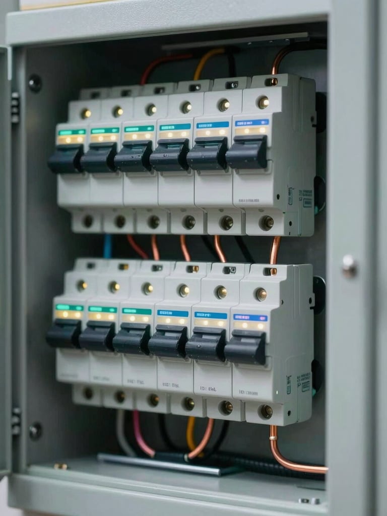 Portrait framing of a modern smart electrical breaker panel, glowing diagnostic LEDs, clean copper wiring runs visible, high-contrast technical lighting.