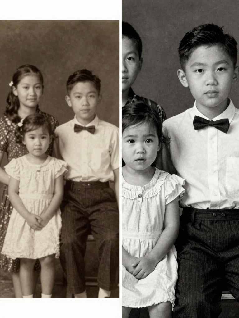 A split-screen editorial photograph showing a highly detailed restoration of an old family photo, side-by-side comparison, sharp macro detail, 35mm