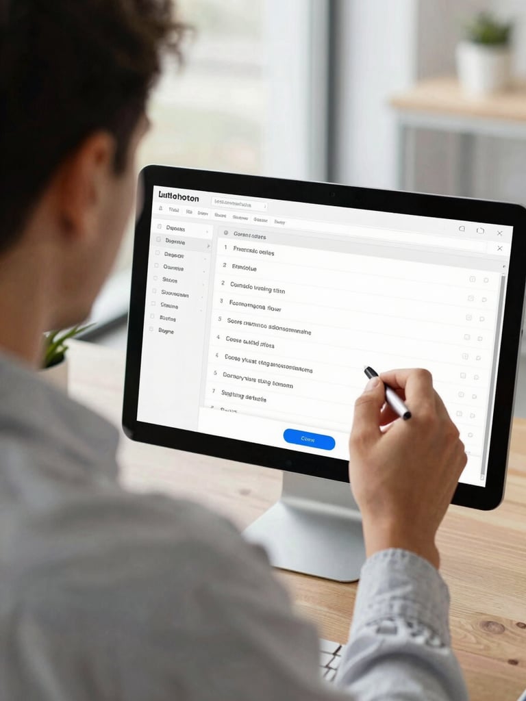 Medium close-up of a focused professional in a bright, modern office, reviewing structured course modules on a clean digital interface, neutral daylight, high clarity.