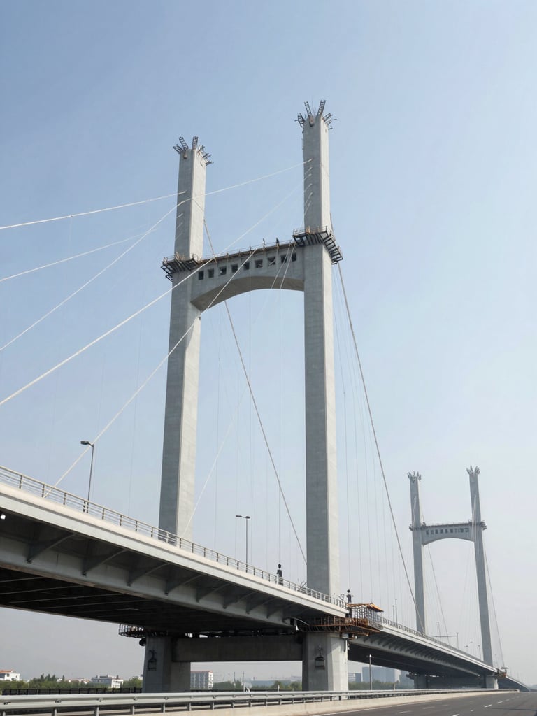 Wide-angle architectural view of a modern highway bridge under construction, steel girders rising against a clear midday sky, bright neutral daylight, cool steel tones, sharp focus.