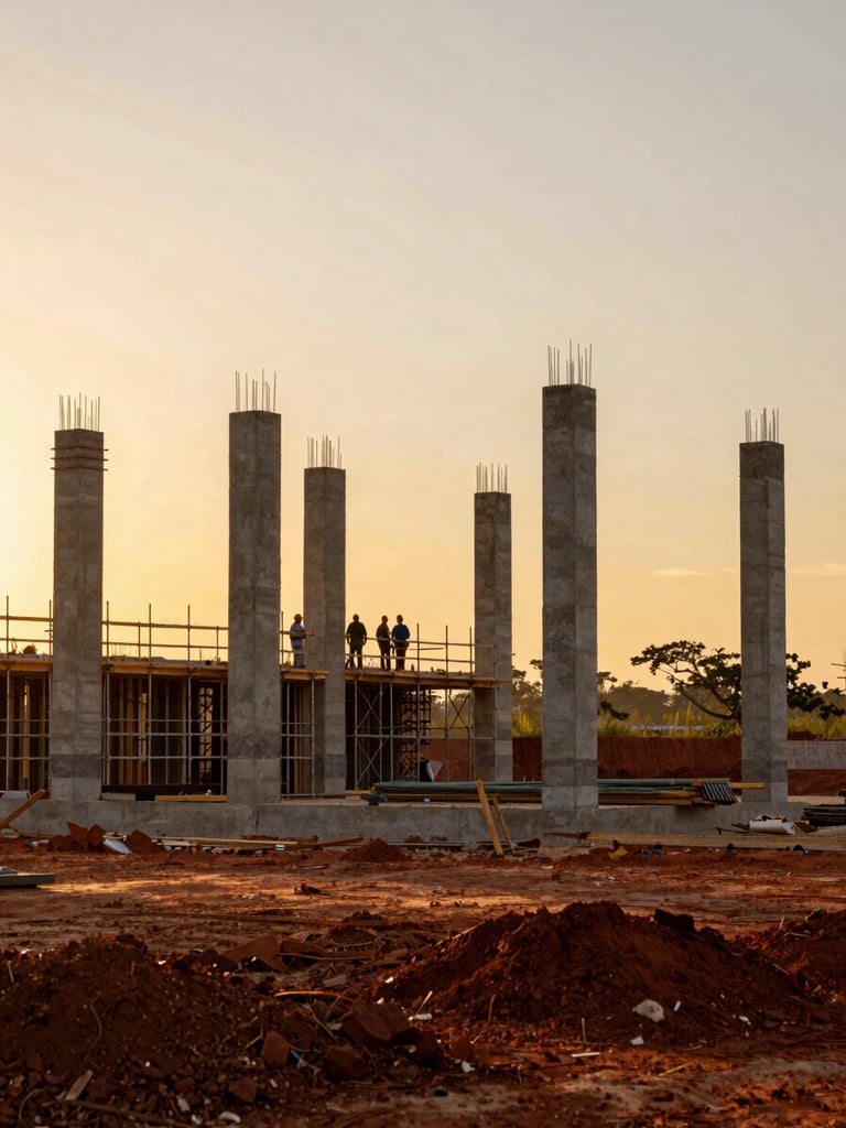 Wide shot of an active residential construction site in Tocantins at golden hour, concrete columns rising against a warm amber sky, workers visible on scaffolding in the middle ground, red earth foreground