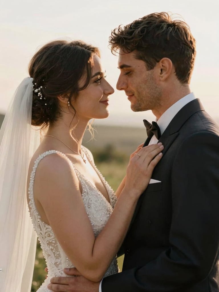 Portrait d'un couple de mariés s'enlaçant doucement sous une lumière naturelle rasante de fin d'après-midi, style éditorial épuré.