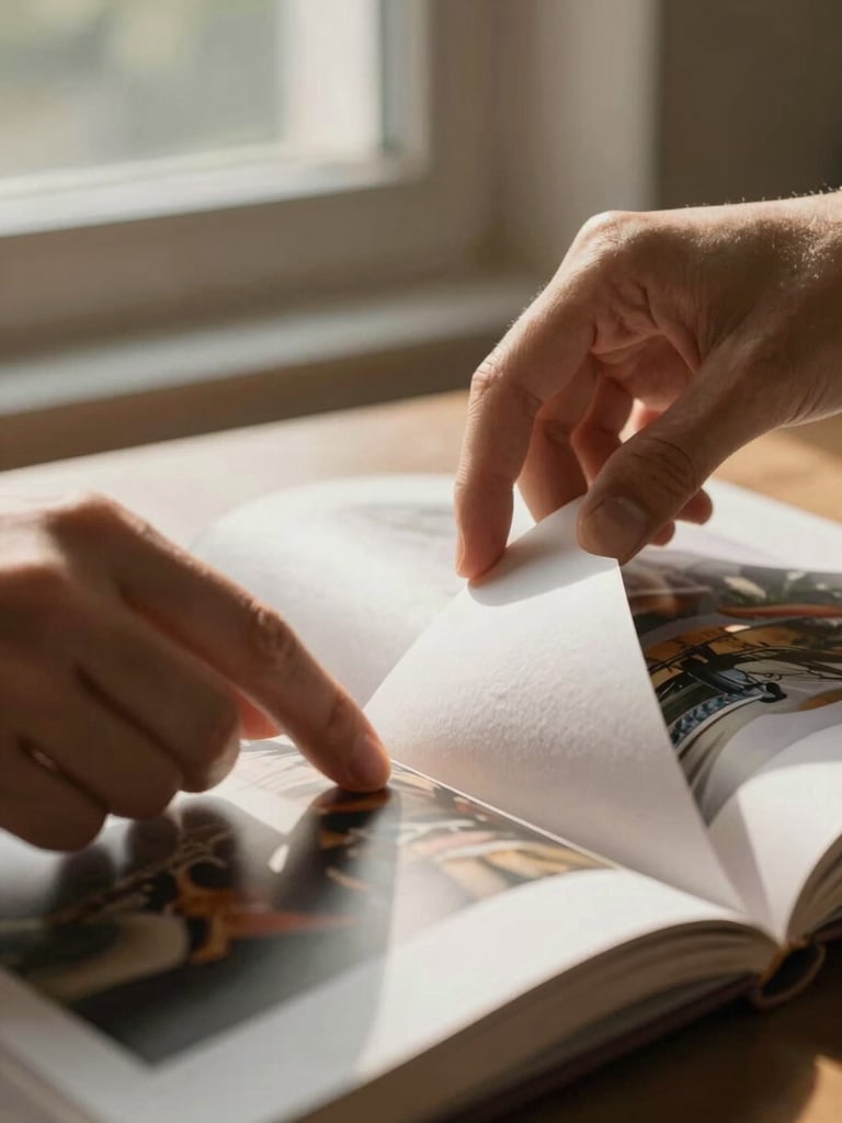 Extreme close-up of hands gently turning the heavy, textured paper page of an open physical photo book, warm morning window light, high-contrast natural shadows, archival aesthetic.