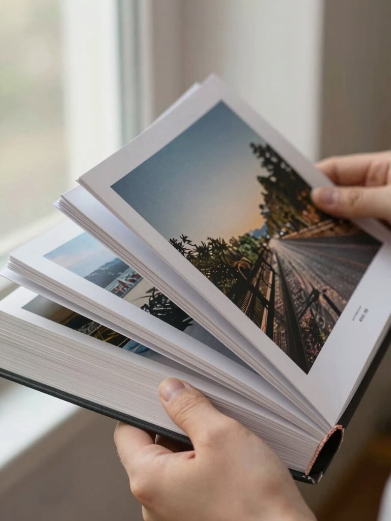 Close-up of hands holding a heavy-paper physical photo book, feeling the texture of the printed page under soft morning window light.