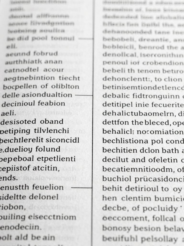 Extreme close-up of a bilingual document page, two columns of dense text side by side, a fine pencil line connecting equivalent phrases across columns, studio north-light, black and white, crisp legibility