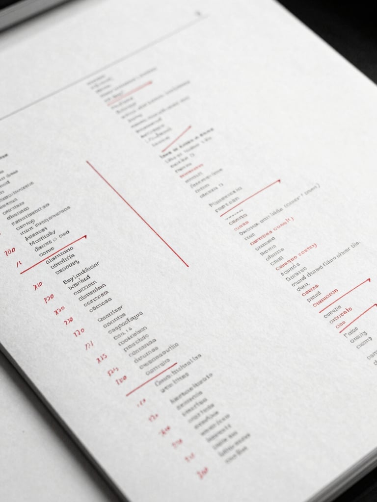 Overhead close-up of a printed page covered in red editorial marks — corrections, insertions, marginal notes in ink — on a clean white desk surface, controlled studio light, black and white photography