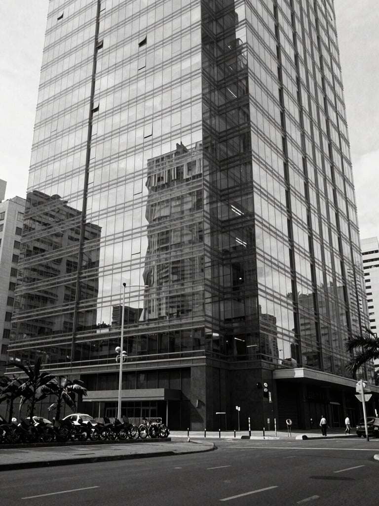 Wide environmental shot of a Luanda business district facade reflected in glass, angular geometry, empty foreground, controlled daylight, black and white, architectural precision