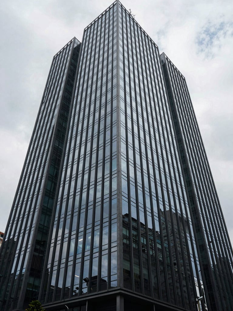 Wide shot from street level looking up at a modern Luanda commercial tower, glass facade reflecting overcast sky, geometric grid of windows receding to upper right, controlled natural light, no people visible, architectural precision