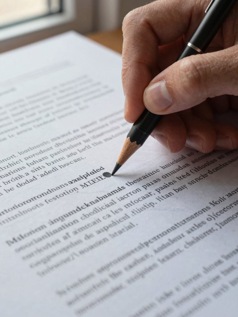 Extreme close-up of a hand marking editorial corrections on a dense printed document, a mechanical pencil held precisely, controlled north-light from a nearby window illuminating the page surface, fine text and margin notes visible in sharp detail, deep charcoal tones