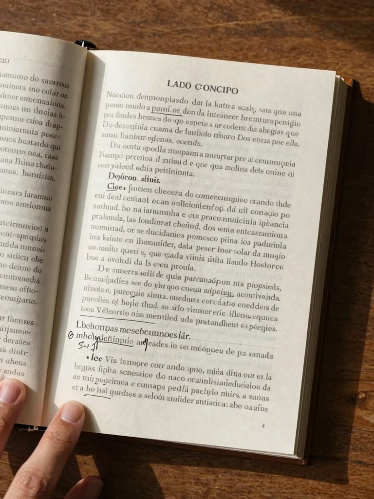 Overhead close-up of an open manuscript on a wooden desk, editorial marks in ink visible on the page, a hand resting at the margin with a pen, harsh north-facing studio light casting clean shadows, text in Portuguese legible but not readable