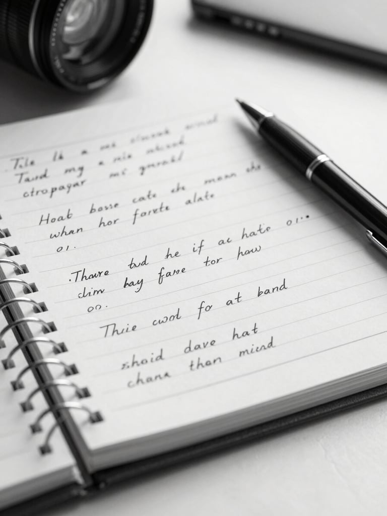 Close-up of a professional notepad with shorthand interpretation notes, a pen resting diagonally across the page, clean desk surface, north-light studio illumination, black and white, sharp detail