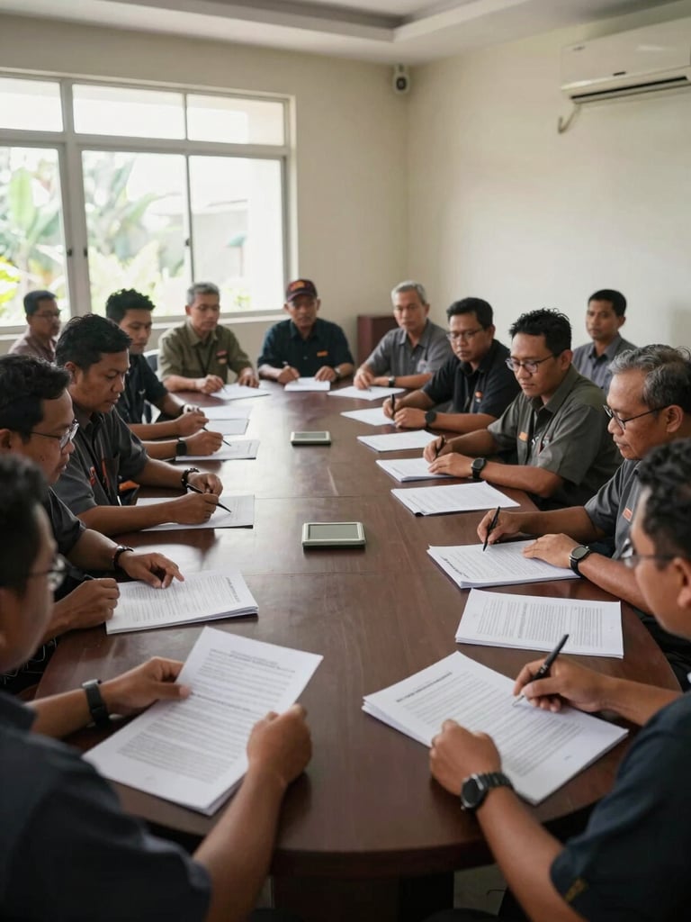 Wide environmental shot of Indonesian organization members seated around a table in a well-lit meeting room, documents spread open, hands pointing at papers, natural daylight from side windows, captured from a distance showing the full room context