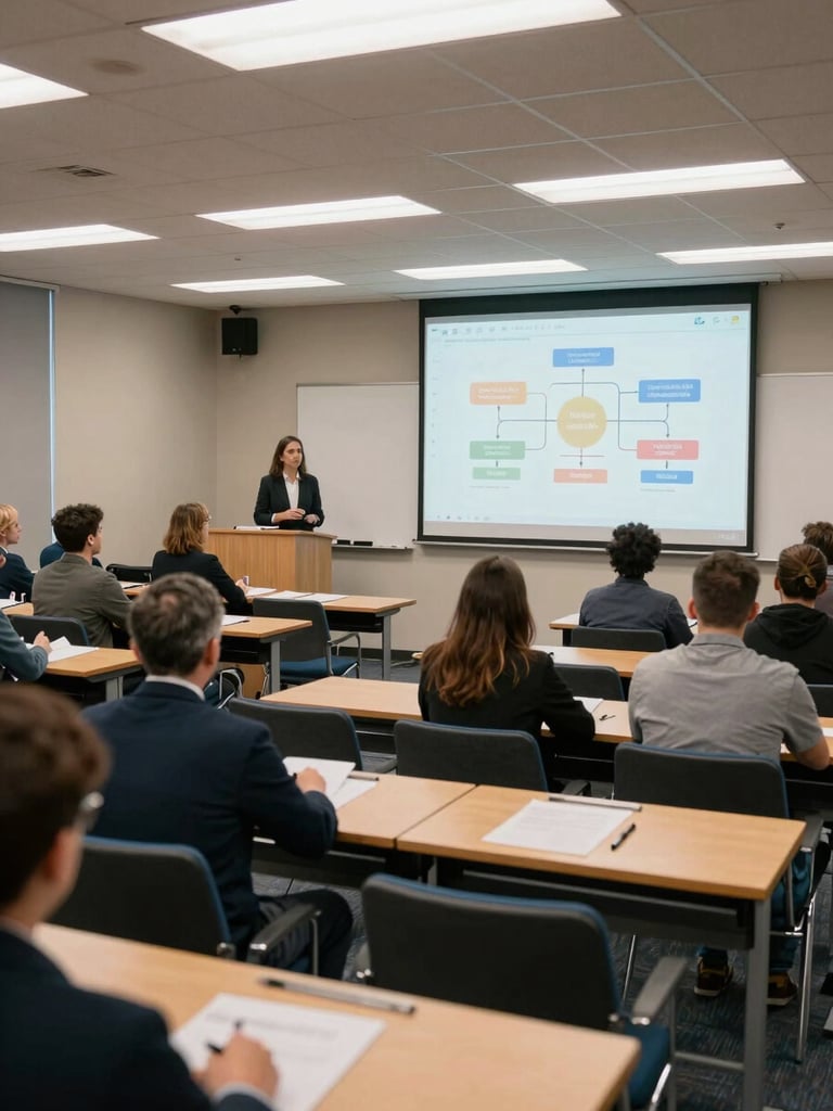 Wide shot of a structured workshop session in a meeting hall, participants seated in rows facing a presenter at a whiteboard with an organizational diagram, overhead indoor lighting, documents visible on desks