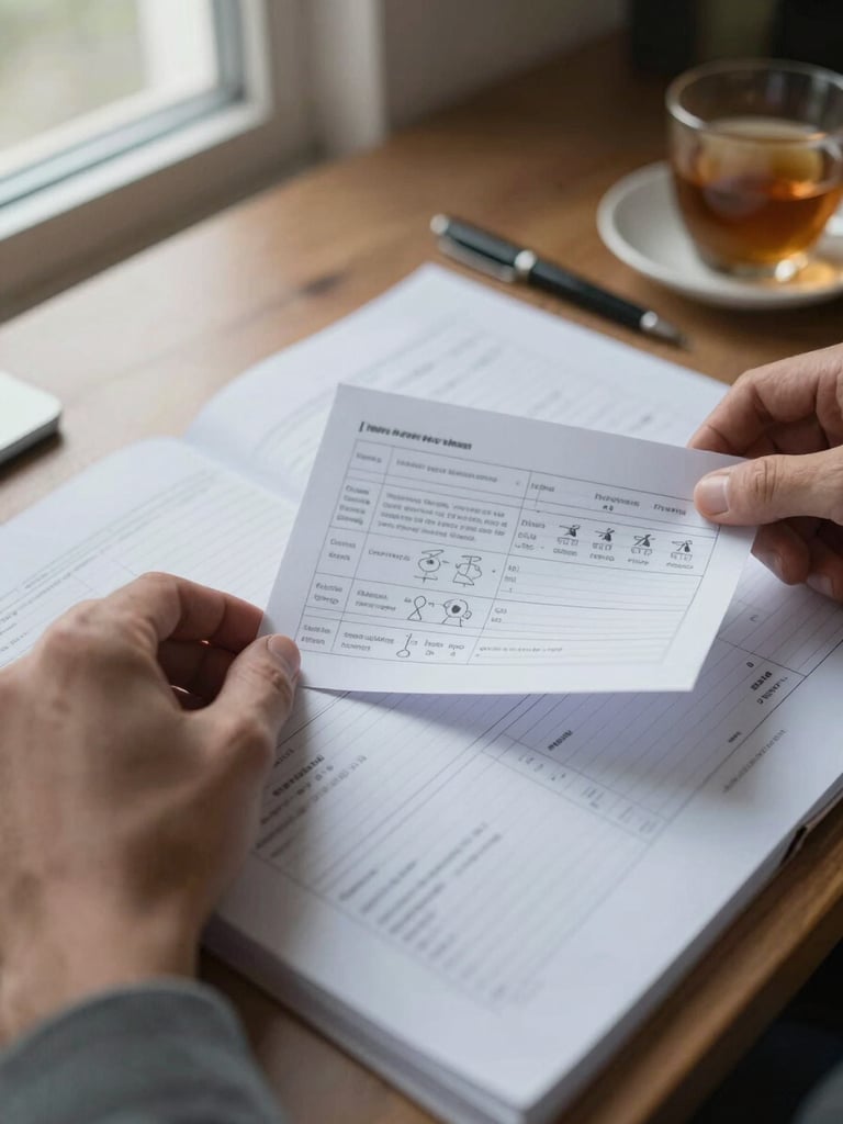 Close-up of hands at a table arranging printed agenda sheets and organizational charts, daylight from a window to the left, a pen and a cup of tea visible in the background, soft indoor light