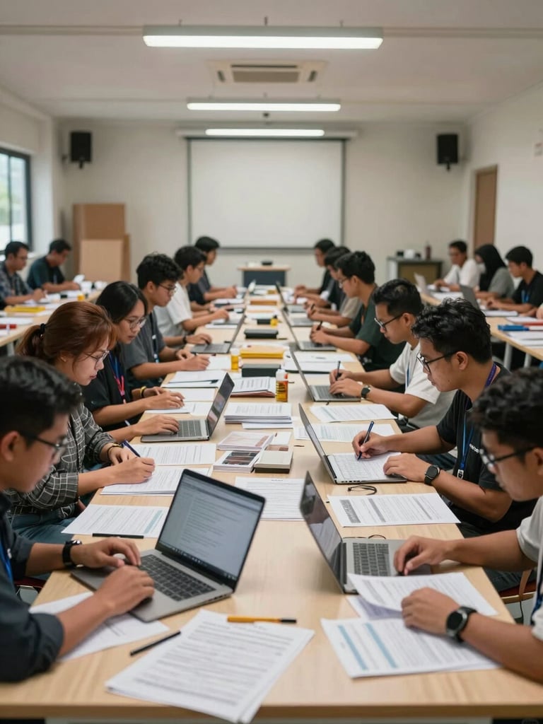 Wide environmental shot of a civic workshop in progress in Jakarta, participants gathered around tables with printed materials and laptops, overhead soft indoor lighting, hands engaged with documents, framed from the back of the room showing full scale