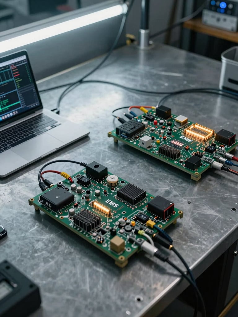 Wide workshop floor shot, two ECM and BMS modules laid out on a steel workbench in the right two-thirds, diagnostic laptop open showing live parameter data in the left third, cool fluorescent overhead light, cables and connectors visible, desaturated steel tones with amber LED glow from one module