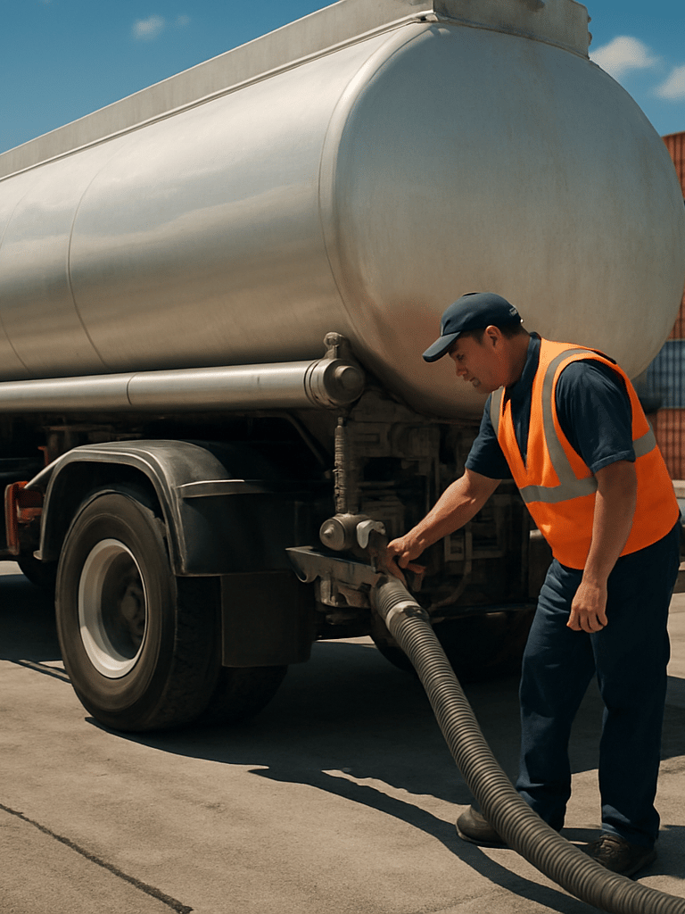 Medium environmental shot of a fuel tanker truck being unloaded at a Caribbean port terminal, a logistics agent in work clothes inspecting the coupling connection, natural midday light casting hard shadows on the concrete dock, shipping containers stacked in the background out of focus