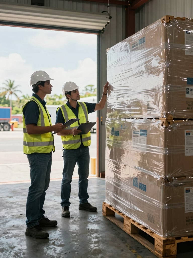 Wide medium shot from the left side, two logistics agents on a warehouse dock floor inspecting bulk cargo containers under natural Caribbean daylight streaming through open bay doors, clipboards and measurement tools in use, stacked freight pallets visible in background, no posed expressions — documentary framing