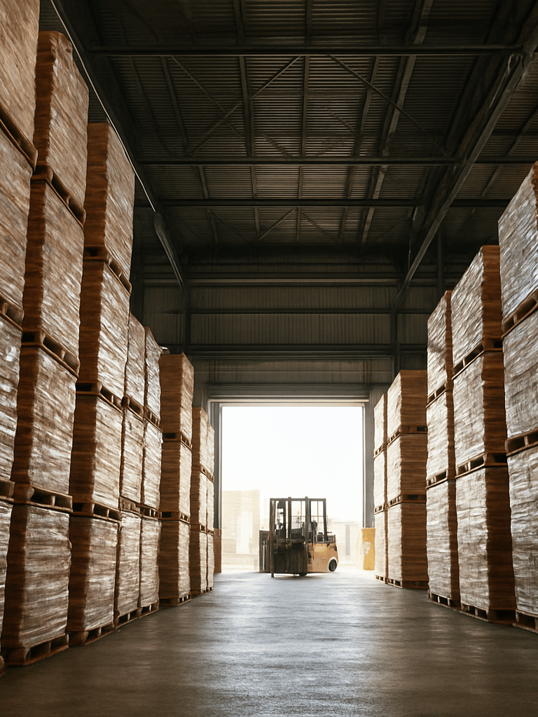 Medium environmental shot from dock level looking up at tall stacks of palletized food cargo in a Caribbean port warehouse, natural midday light streaming through open loading bay doors, forklift visible in the far background, industrial steel structure framing the scene