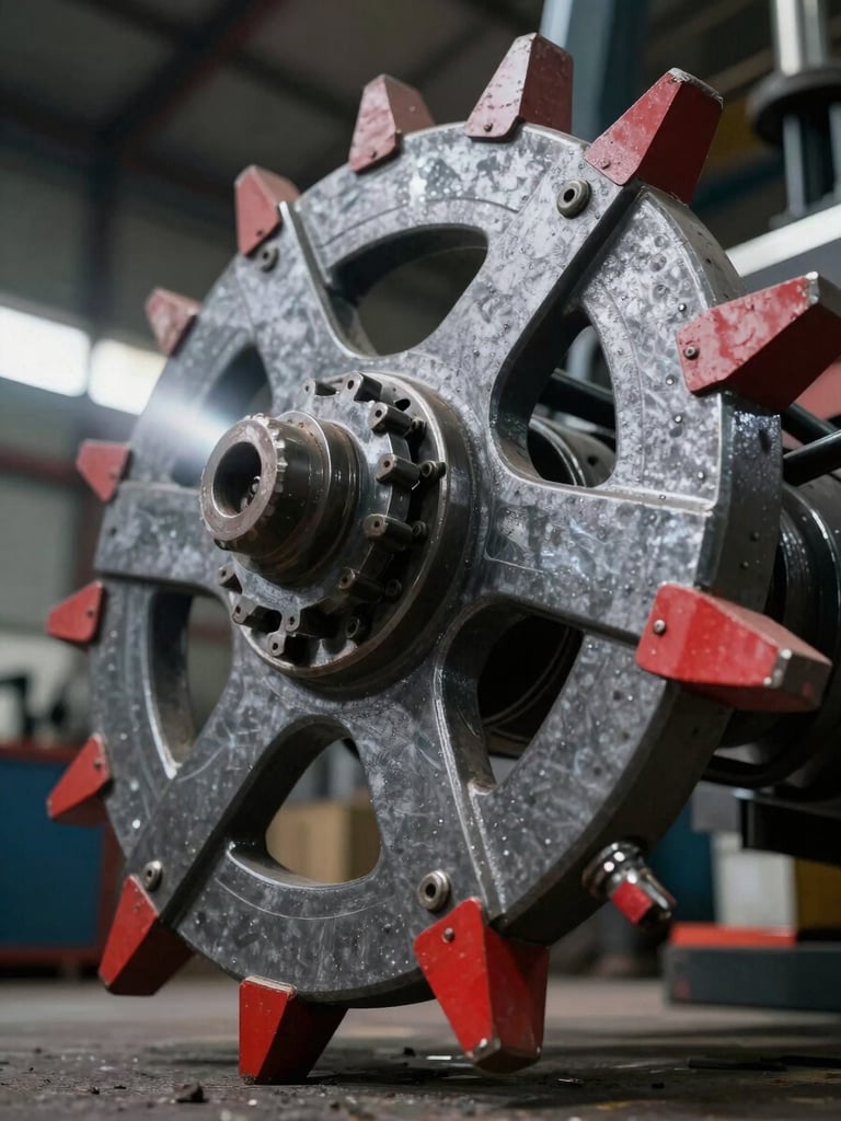 Low-angle detailed close-up of a heavy-duty steel harvester cutter bar, metallic grey steel, sharp hazard red accents, dramatic industrial lighting.