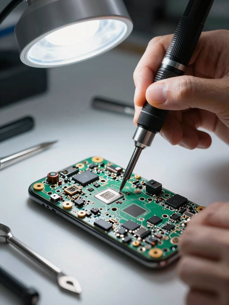 Macro close-up of a technician using a precision screwdriver on a disassembled smartphone motherboard, bright cool LED workbench light, organized metal tools around