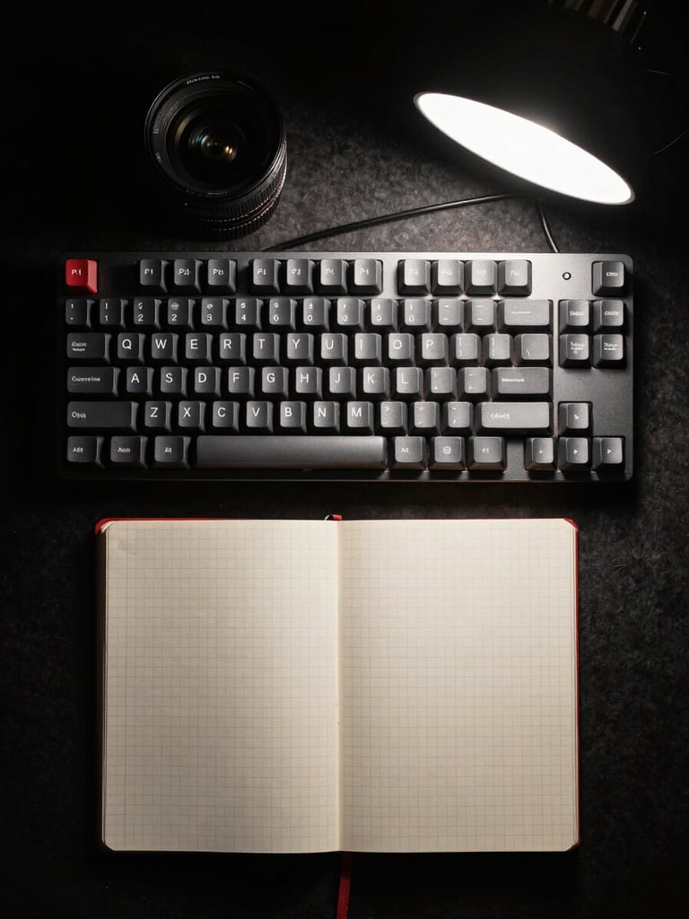High-contrast top-down flat lay of a heavy mechanical keyboard and a blank grid notebook under harsh directional desk lamp light, deep shadows, stark utilitarian composition