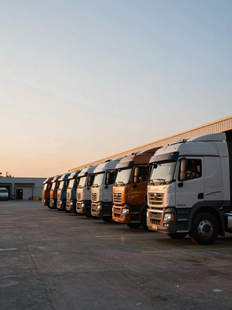 Wide environmental shot of an industrial truck yard at dawn — a row of semi-trucks parked at loading bays, amber morning light raking across the cab roofs, concrete apron stretching into shadow on the left, open sky above, no people visible, documentary framing with generous negative space to the left third