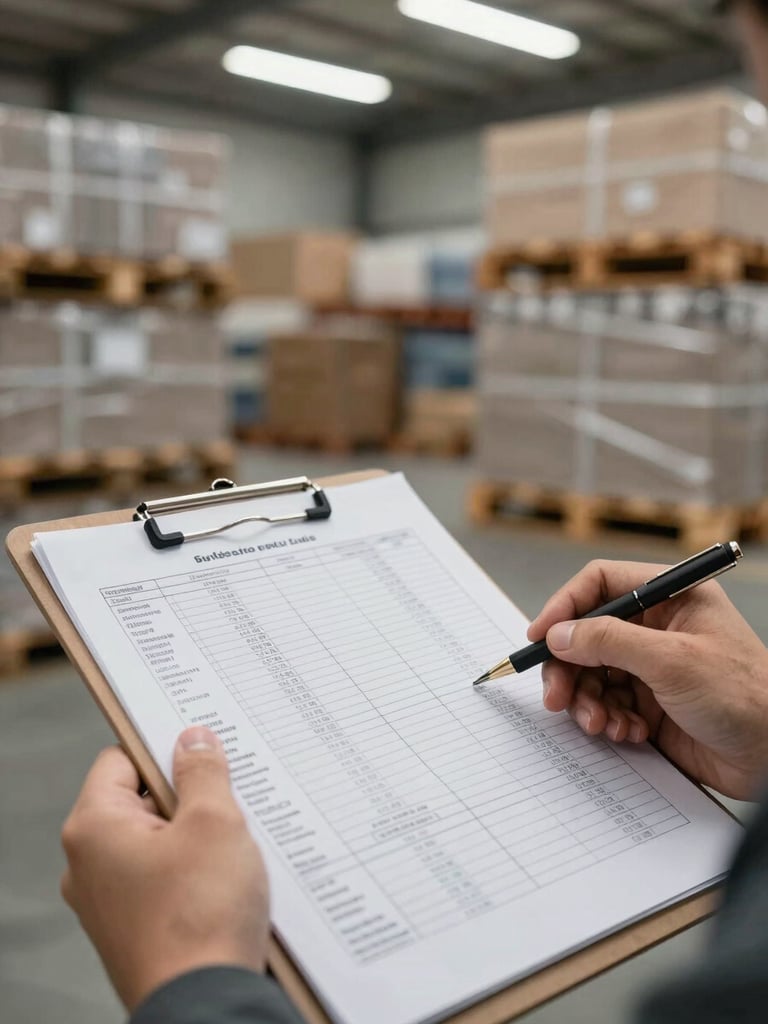 Wide environmental shot of a driver's hands resting on a clipboard with a printed route manifest, fluorescent warehouse interior visible in the background, stacked pallets and strapped cargo out of focus behind, documentary daylight tone, close detail framing on the paperwork with route markings visible
