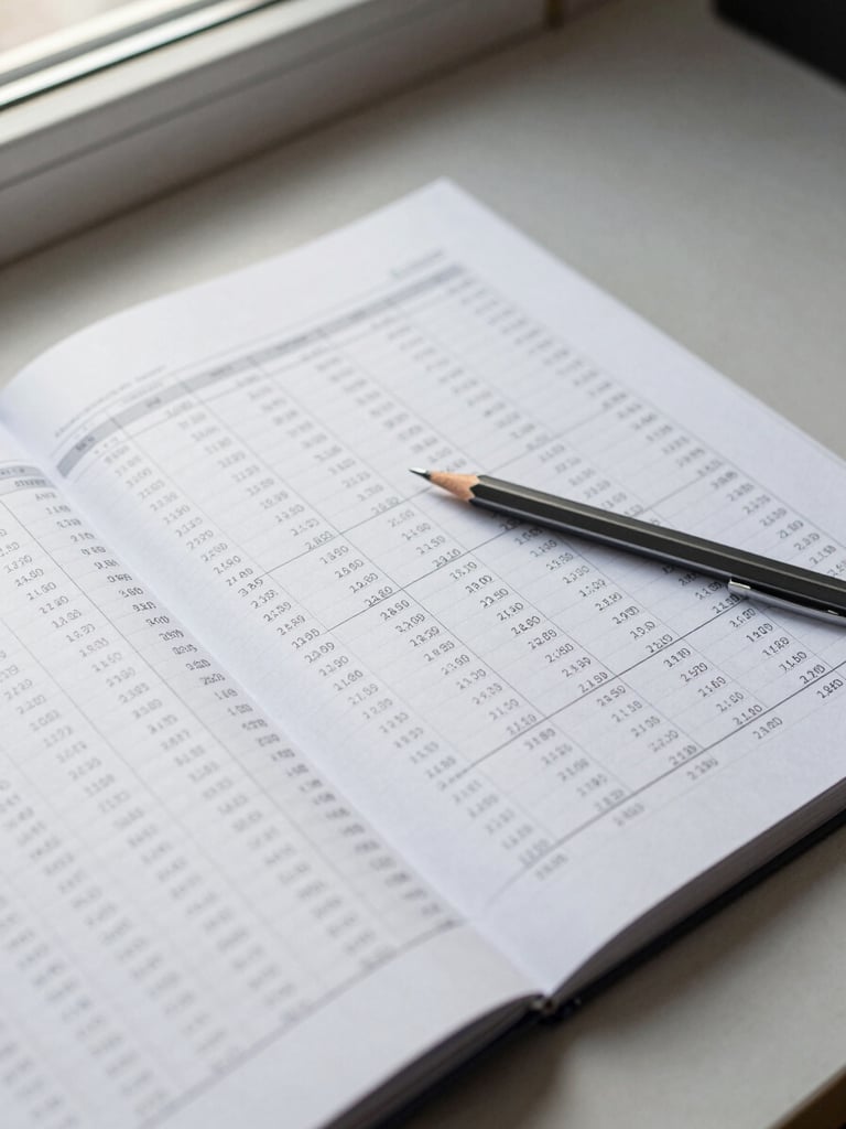 Overhead close-up of an open analytics spreadsheet on a matte desk surface under even north-facing window light, a mechanical pencil resting on the sheet, columns of numerical data clearly visible, no person, no screen glare, clinical and honest lighting