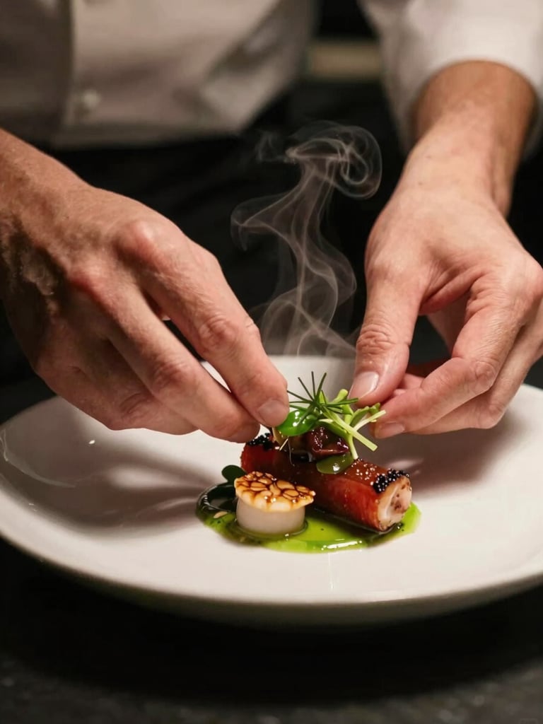 Close-up of a chef's hands carefully plating a delicate dish, steam rising, moody side-lighting, warm interior glow, 35mm photography