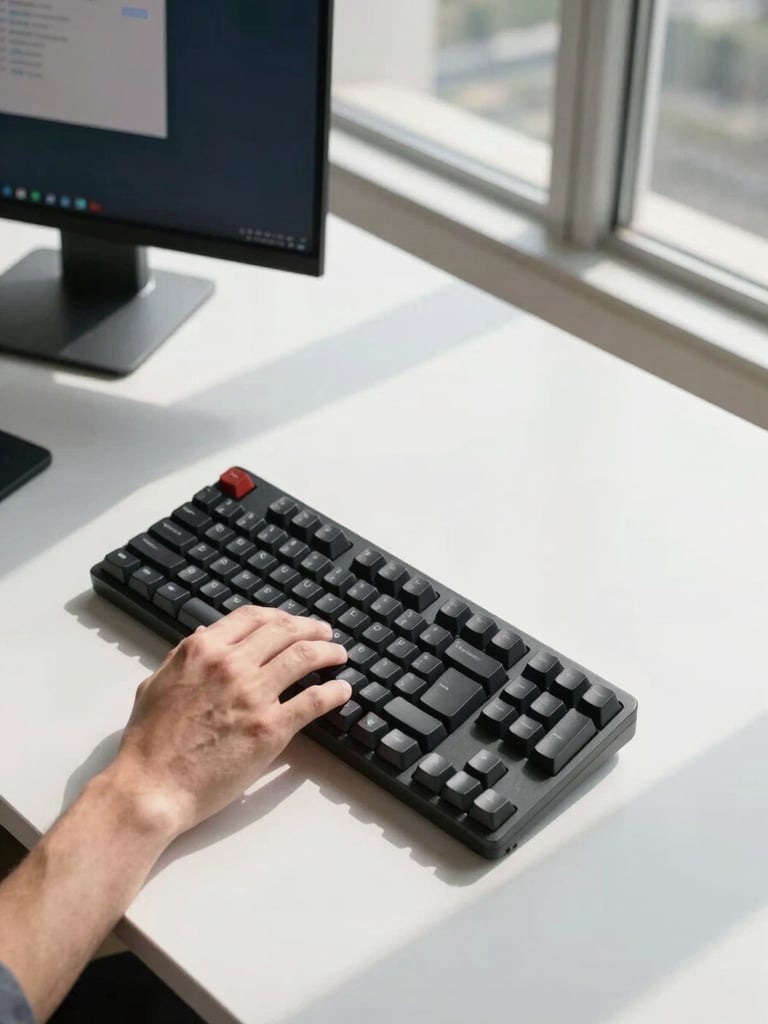 Wide shot from above-left: a designer's hand resting on a mechanical keyboard on a clean white desk, a browser mockup visible on a large monitor in the background, natural daylight from a floor-to-ceiling window to the right casting clean directional shadows across the desk surface, no clutter