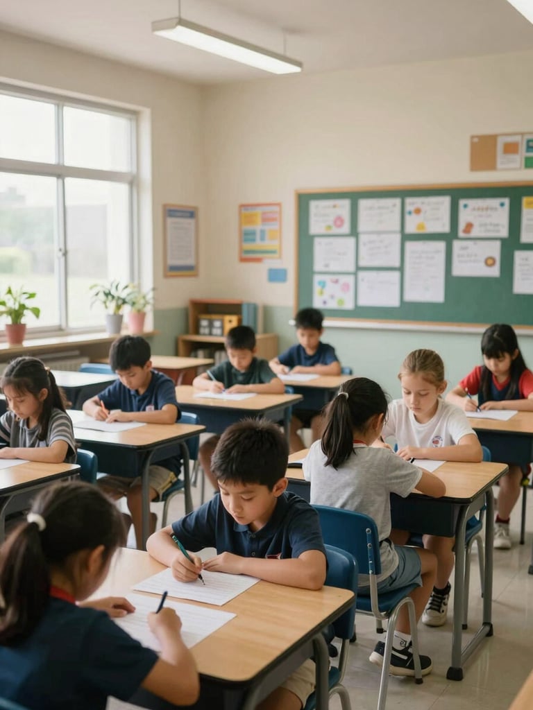 Wide environmental shot of an elementary classroom under natural window light, students seated at small tables working on paper materials, bulletin board covered in hand-written student work visible on the far wall, no posed faces, natural daylight from left