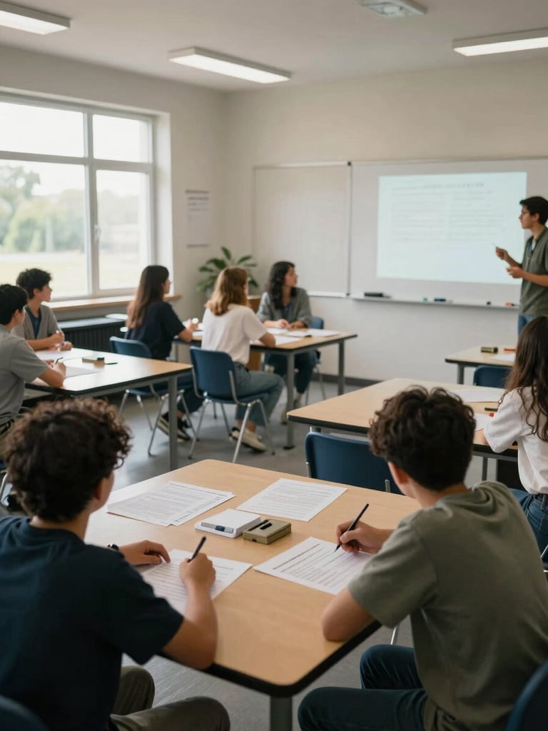 Environmental wide shot of a classroom during active instruction, students seated in small clusters of three to four around low tables, papers and materials spread across surfaces, teacher visible at the edge of frame near a whiteboard, natural daylight from windows on the left wall