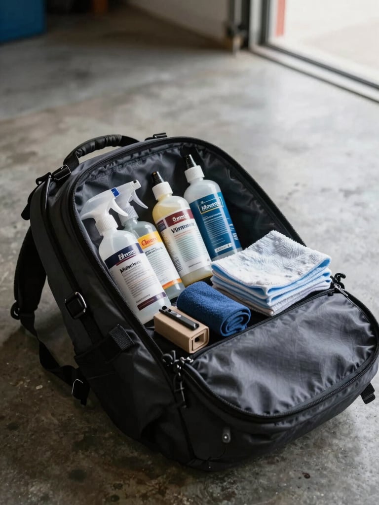 Low-angle close-up of an open technician's backpack laid flat on a garage floor, several labeled spray bottles, folded microfiber cloths, and a small tool roll arranged neatly, natural side light from open garage door, dark concrete floor background
