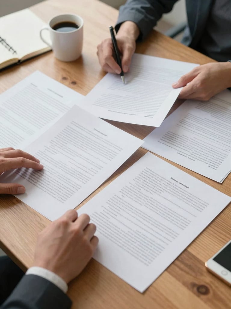 Close overhead view of hands reviewing printed documents spread across a wide oak table, a coffee cup and open notebook at the edge, north-facing office daylight casting clean even light, no shadows, papers slightly overlapping as if mid-review