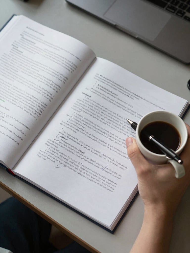 Close overhead view of a working table: open contract pages, a pen resting mid-signature, a ceramic coffee cup, and handwritten margin notes — north-facing office daylight, no shadows, documentary framing