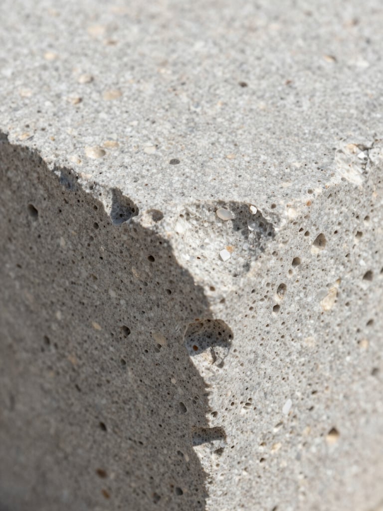 Macro detail crop of raw light-gray travertine stone texture, soft natural daylight, highlighting the organic porous structure.