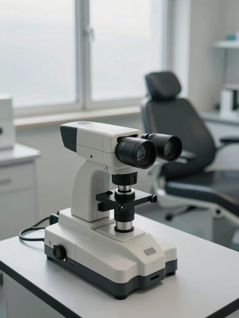 Wide shot of a clinical trichology diagnostic station from slightly above, trichoscope instrument resting on a clean surface, soft north-facing daylight diffused through frosted glass, empty examination chair in the background, muted grey-white tones, no people, laboratory clarity