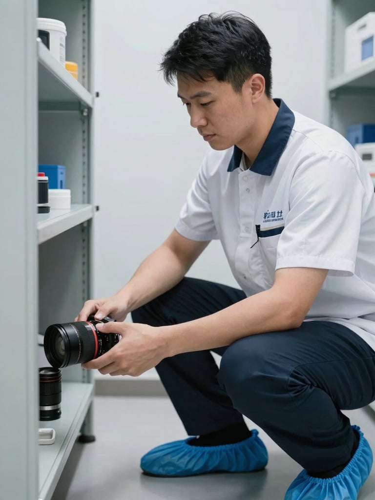 A close-up of a clean-cut technician in an immaculate branded uniform wearing protective blue shoe covers inside a pristine office utility closet