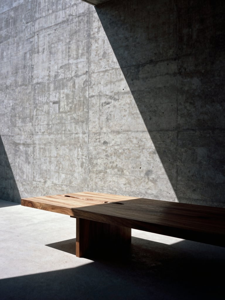 Dramatic interior-to-exterior transition, stark brutalist concrete wall meeting hand-carved walnut slab table, deep shadows, high-contrast directional sunlight, wide-angle 35mm film