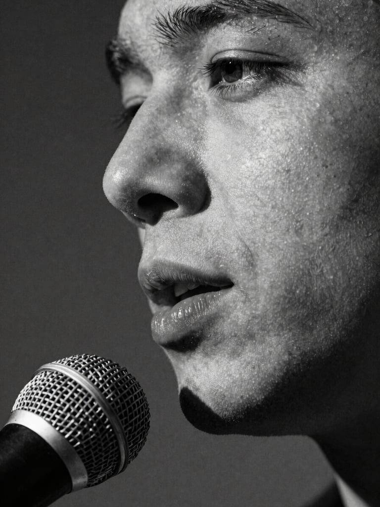 Extreme close-up, artist's mouth at a microphone in profile, stage lighting from the side casting a hard shadow, black-and-white high-contrast documentary still, no background detail visible